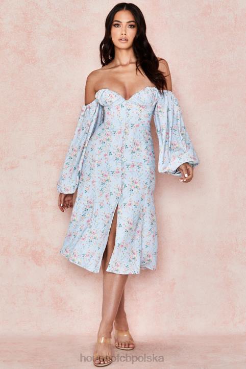 House of CB niebieska sukienka midi bardot w kwiaty na każdą okazję