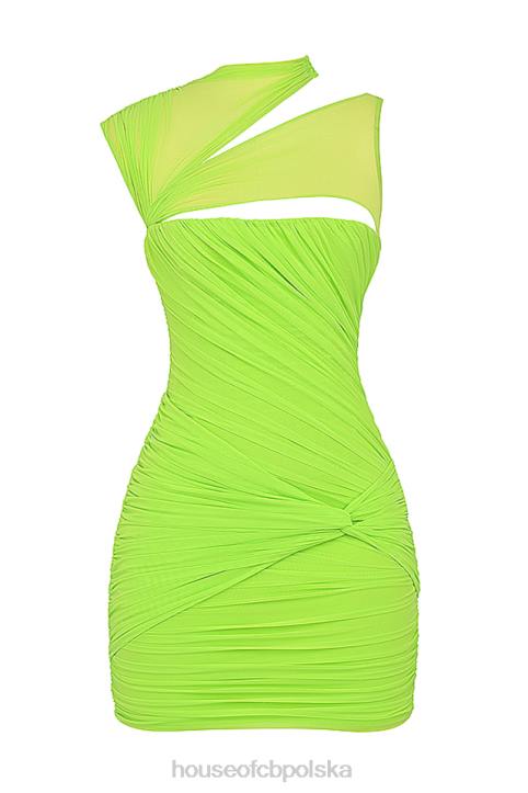 House of CB Neonowa Zielona Mini Sukienka Marszczona Trendy Fashion