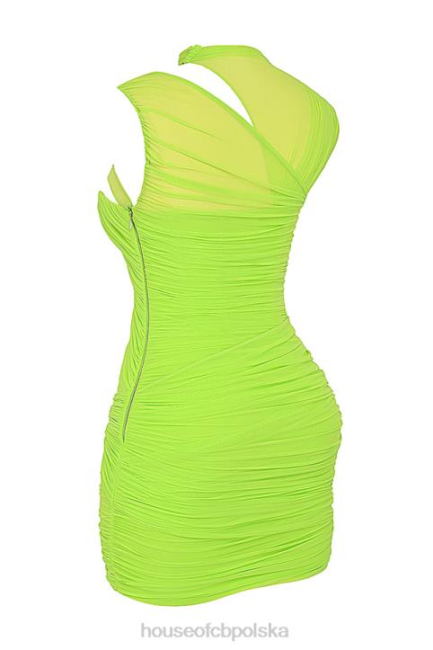 House of CB Neonowa Zielona Mini Sukienka Marszczona Trendy Fashion