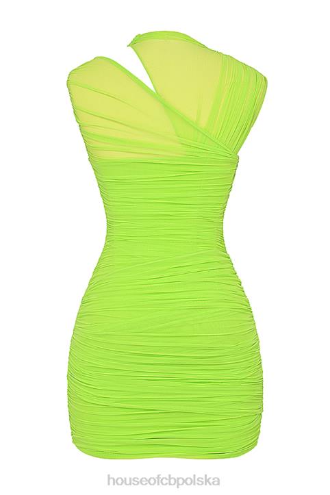 House of CB Neonowa Zielona Mini Sukienka Marszczona Trendy Fashion
