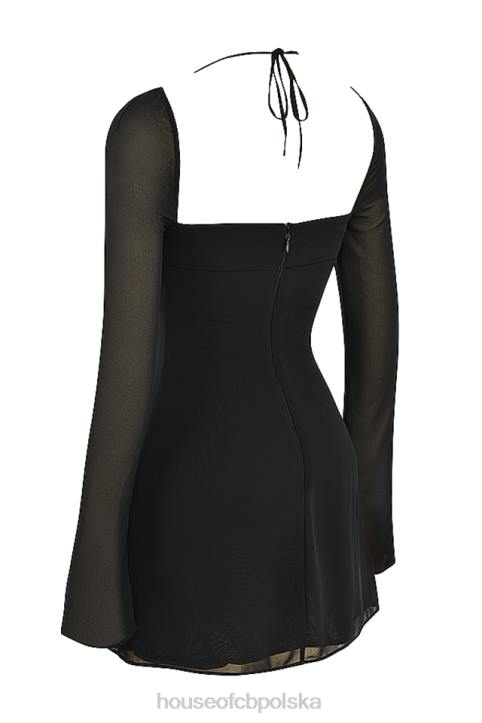 House of CB Czarna Mini Sukienka Babydoll Szyfonowa na Szyi