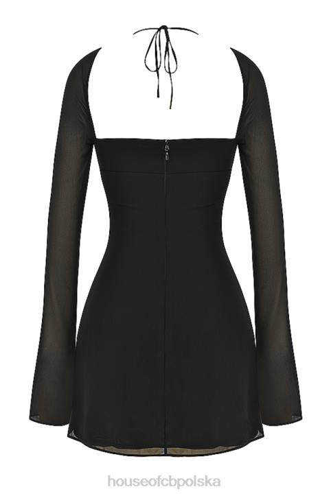 House of CB Czarna Mini Sukienka Babydoll Szyfonowa na Szyi