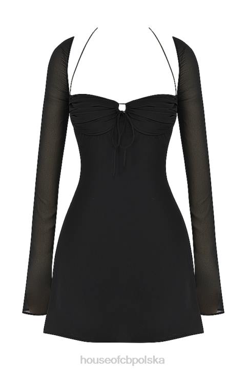 House of CB Czarna Mini Sukienka Babydoll Szyfonowa na Szyi