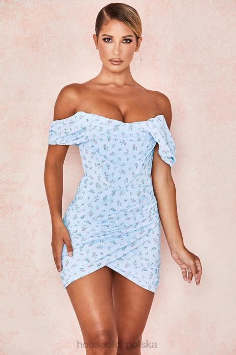 House of CB Luna Niebieska Kwiatowa Drapowana Sukienka Mini