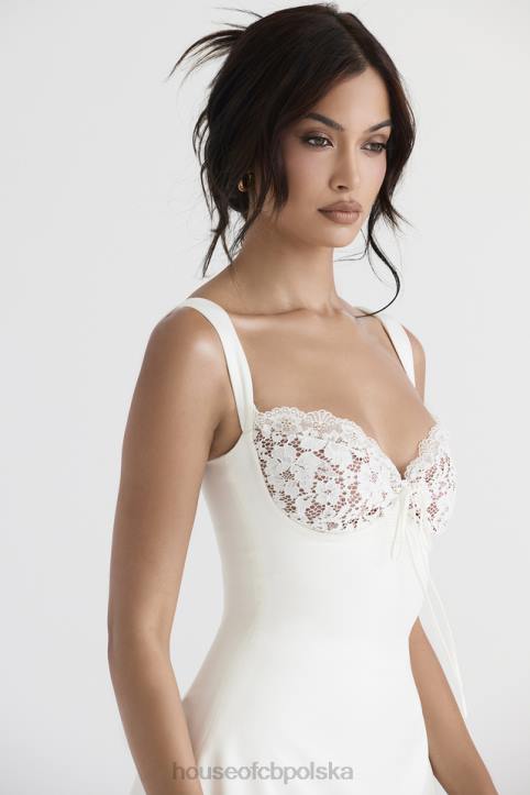 House of CB Sukienka mini satynowa koronkowa kość słoniowa elegancka moda