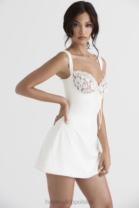 House of CB Sukienka mini satynowa koronkowa kość słoniowa elegancka moda