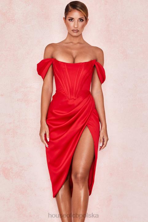 House of CB Czerwona Sukienka Loretta Odkryte Ramiona Satynowa Elegancja