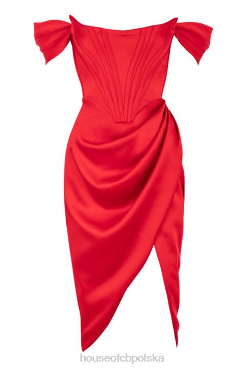 House of CB Czerwona Sukienka Loretta Odkryte Ramiona Satynowa Elegancja