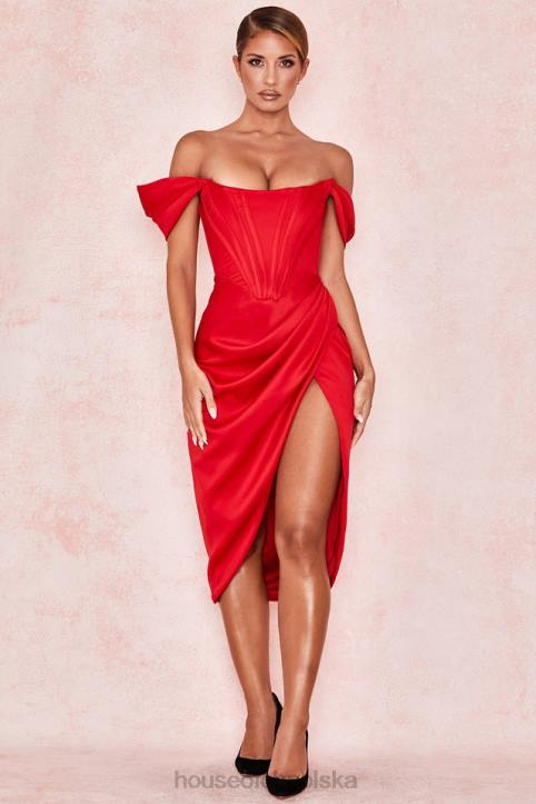 House of CB Czerwona Sukienka Loretta Odkryte Ramiona Satynowa Elegancja
