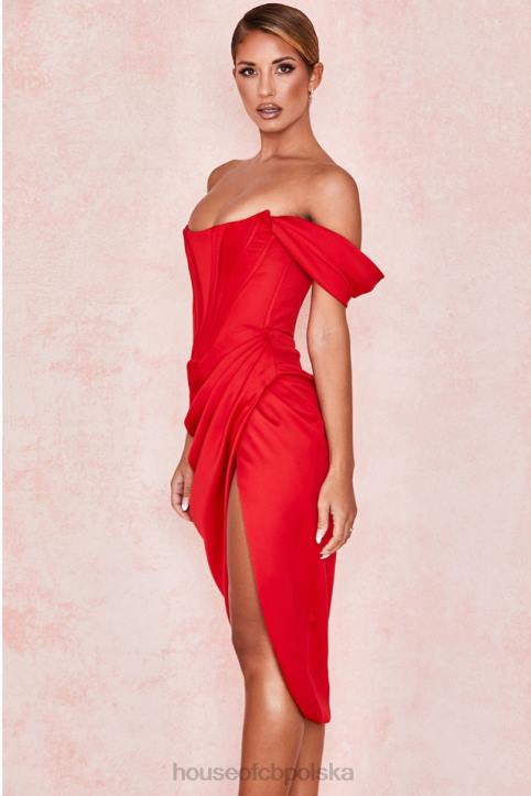 House of CB Czerwona Sukienka Loretta Odkryte Ramiona Satynowa Elegancja