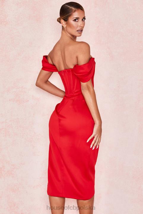 House of CB Czerwona Sukienka Loretta Odkryte Ramiona Satynowa Elegancja