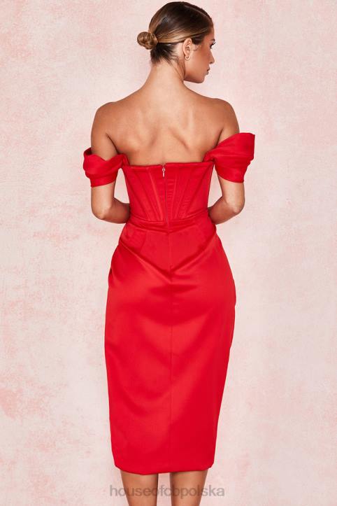 House of CB Czerwona Sukienka Loretta Odkryte Ramiona Satynowa Elegancja