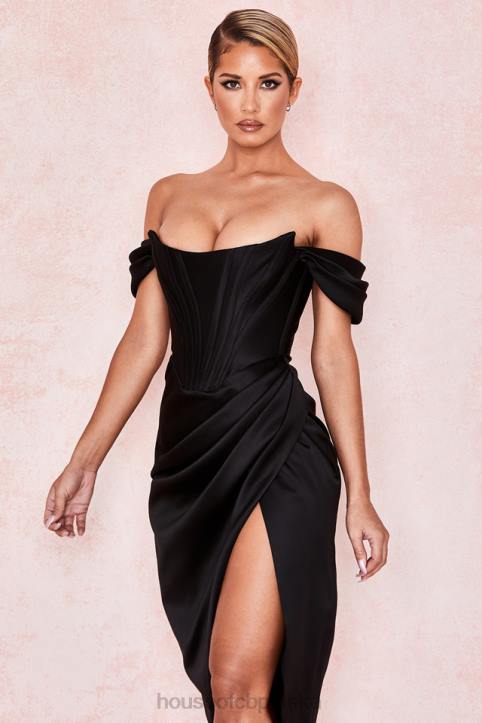 House of CB Loretta czarna satynowa sukienka odkryte ramiona elegancja na każdą okazję