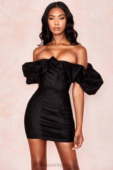 House of CB Selena czarna satynowa sukienka z bufiastymi ramionami na każdą okazję