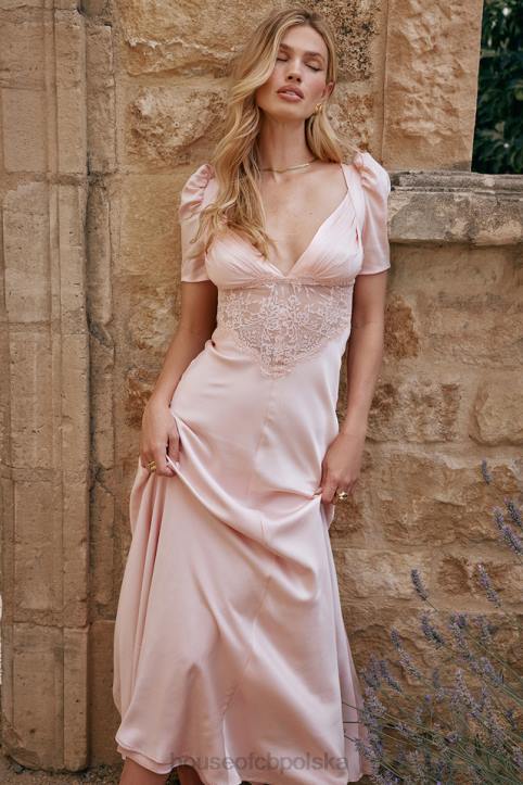 House of CB Rafaela miękka brzoskwiniowa sukienka jedwabna z koronką elegancka moda kobieca